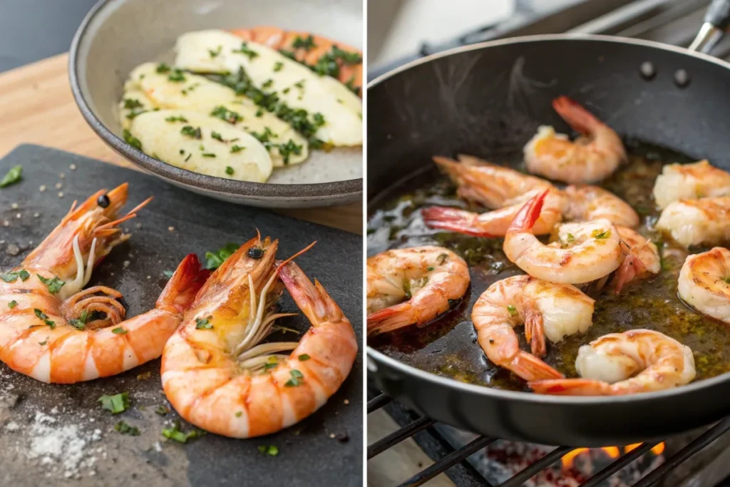 Tiger shrimp prepared using different cooking methods, including grilling, sautéing, and boiling with fresh herbs and spices.