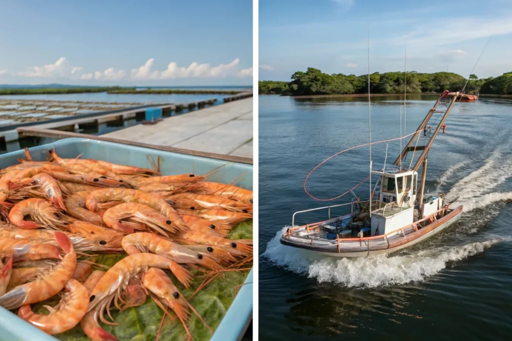 Comparison of sustainable tiger shrimp farming and wild-caught shrimp fishing, highlighting eco-friendly seafood sourcing options.