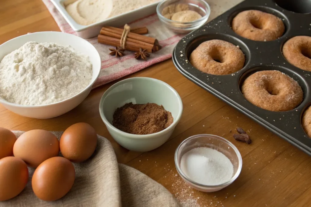 Ingredients and batter for homemade gingerbread donuts cinnamon sugar, neatly arranged on a wooden countertop for an easy baking experience.