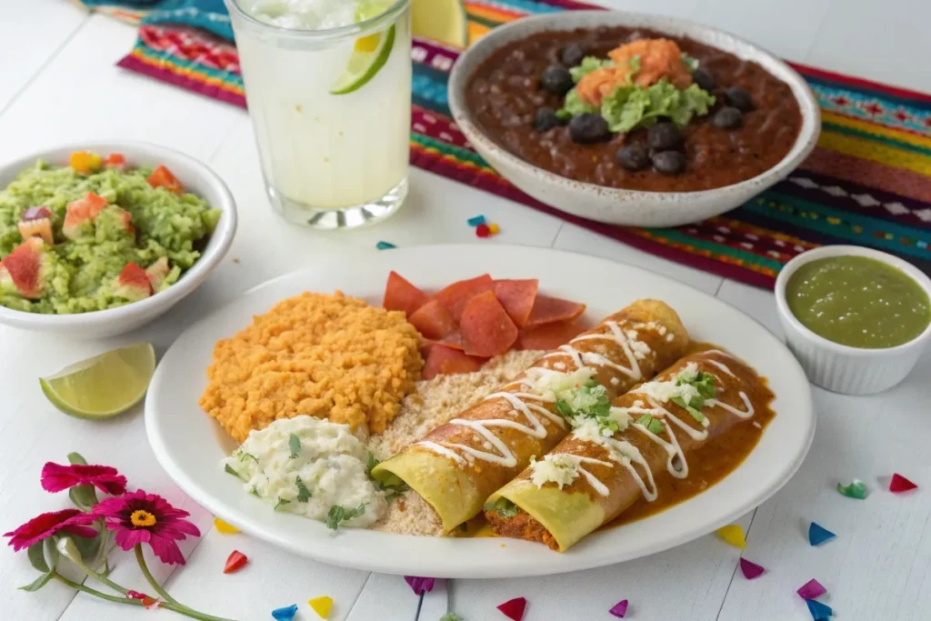 A delicious Mexican meal featuring enchiladas with classic sides like rice, beans, guacamole, and refreshing drinks.