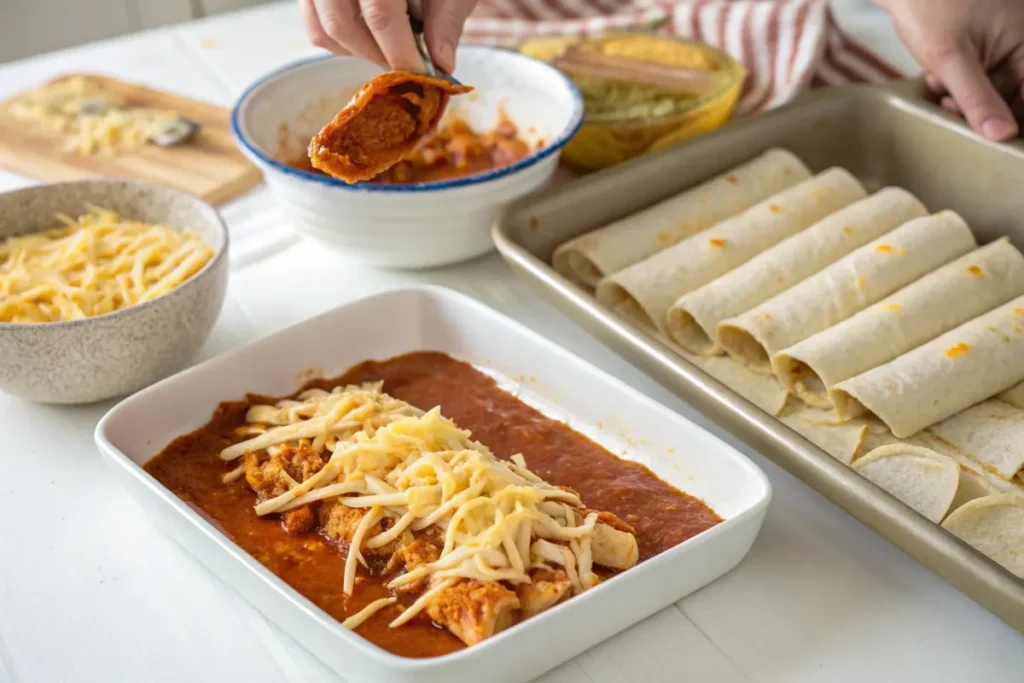 Step-by-step process of making enchiladas, from filling tortillas with chicken and cheese to baking them with sauce.