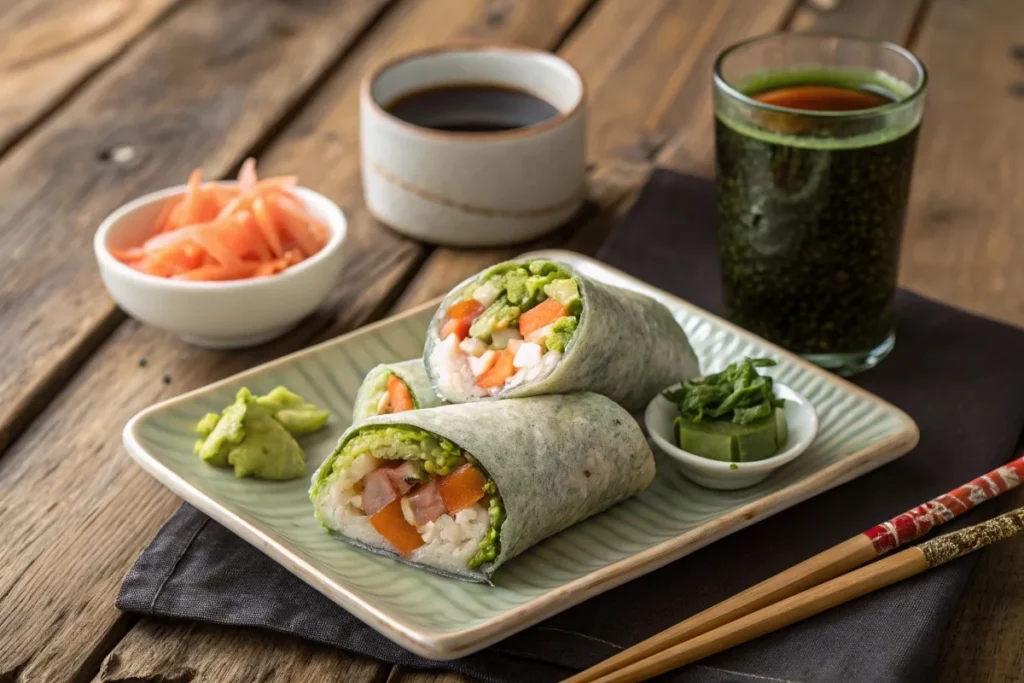 Plated sushi wrap meal with soy sauce, pickled ginger, and wasabi on a rustic wooden table.