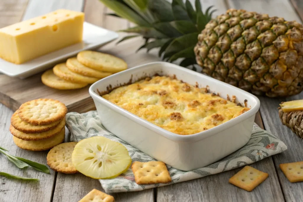 Baked pineapple casserole in a dish with golden-brown cracker topping.