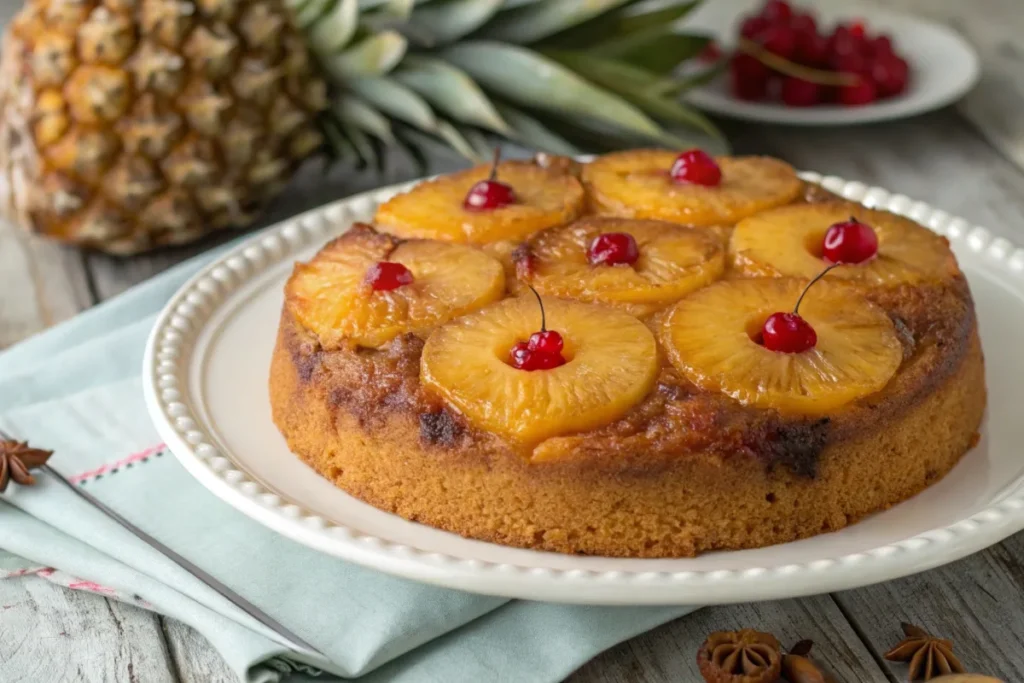 Pineapple upside-down cake with caramelized pineapple slices and cherries