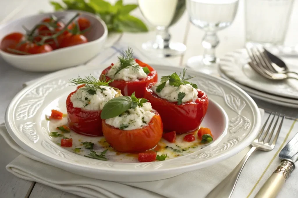 Stuffed Peppadew peppers with cream cheese served on a white plate.