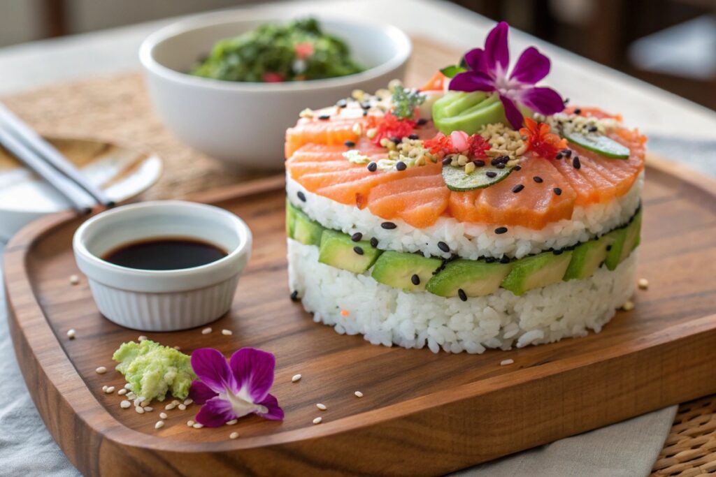 A stunning sushi cake layered with fresh ingredients, garnished with edible flowers, and served with soy sauce and wasabi.