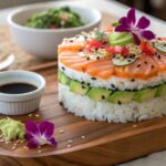 A stunning sushi cake layered with fresh ingredients, garnished with edible flowers, and served with soy sauce and wasabi.