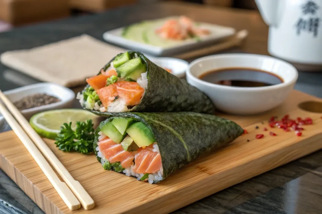 Fresh sushi wrap with salmon, avocado, and cucumber on a wooden board with soy sauce and chopsticks.