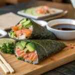 Fresh sushi wrap with salmon, avocado, and cucumber on a wooden board with soy sauce and chopsticks.