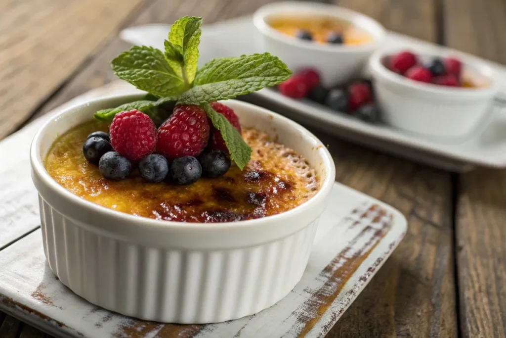 Classic crème brûlée with caramelized top, garnished with mint and fresh berries.