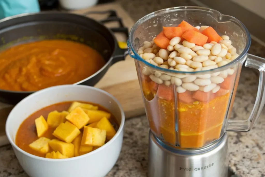 Blender with pureed carrots, sweet potatoes, and beans for thickening soup naturally.