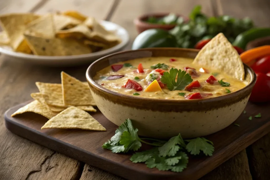 A bowl of chunky Chipotle queso with tortilla chips on a rustic wooden table.