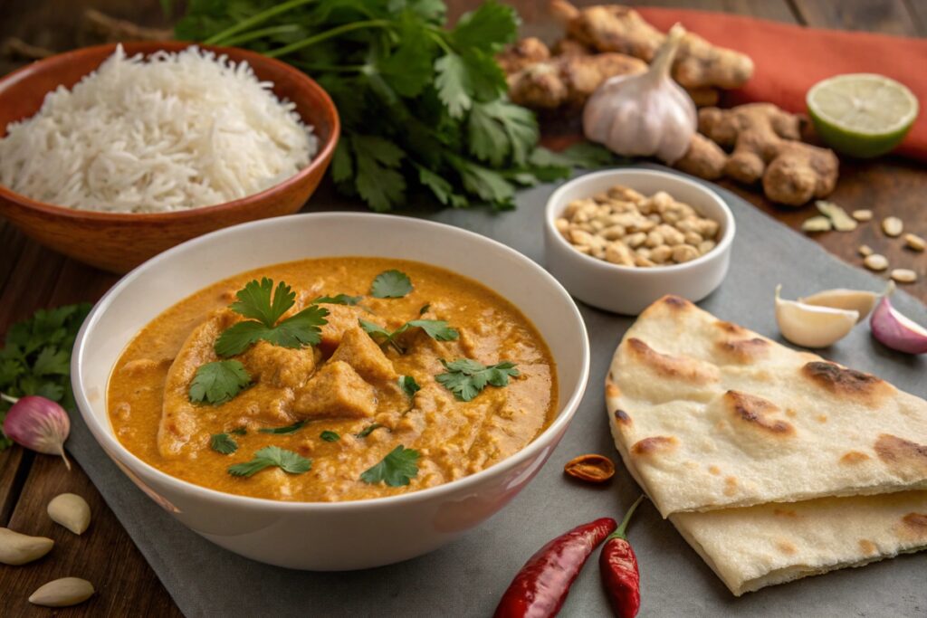 Peanut butter curry with rice and naan, garnished with cilantro.