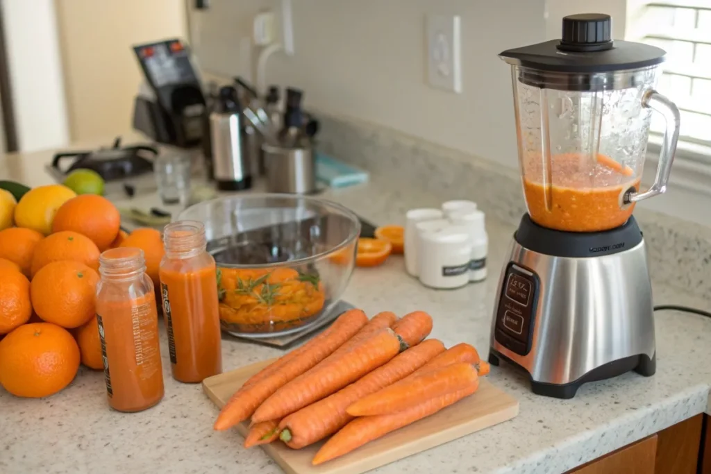 Blender making carrot juice with raw carrots and oranges, a to-go bottle prepared for a busy lifestyle.