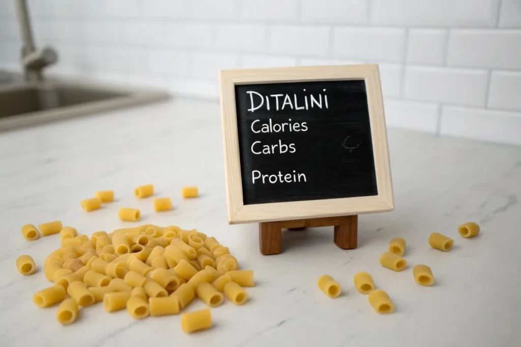 Dry ditalini pasta with a chalkboard displaying its nutritional breakdown.