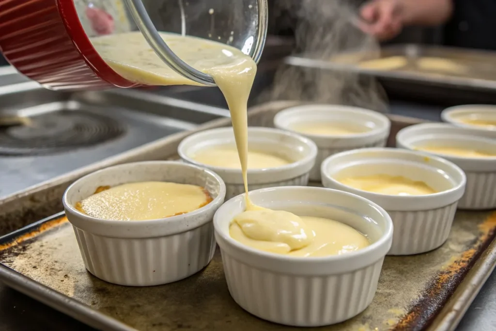 Custard being poured into ramekins with a water bath setup for crème brûlée.