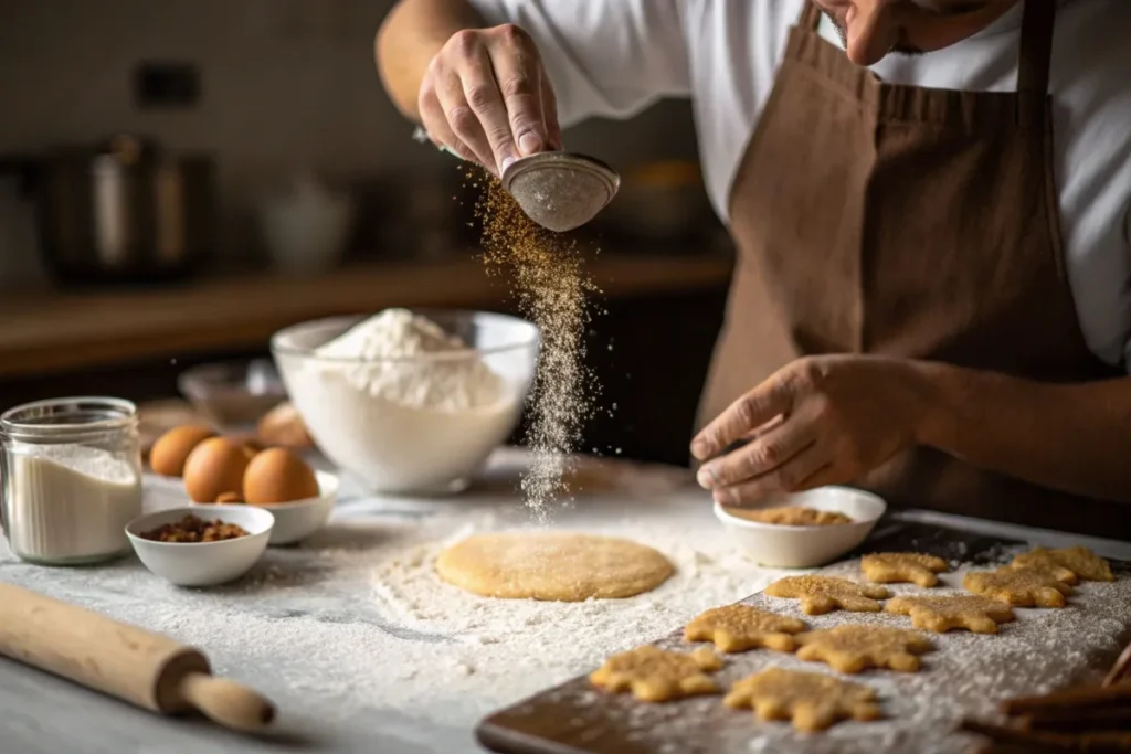 Baker sprinkling cinnamon over cookie dough with baking ingredients in the background.