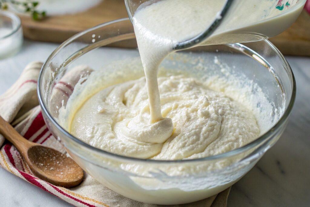 Kefir being poured into cake batter, enhancing the moisture and fluffiness of the cake.