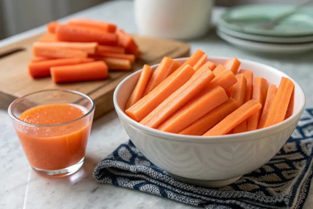 Bowl of raw carrot sticks and a glass of carrot juice on a kitchen counter for digestive health.