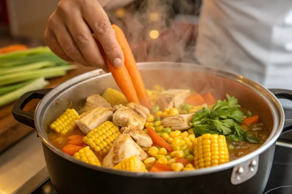 Chef adding fresh vegetables and chicken to a pot of simmering caldo de pollo.