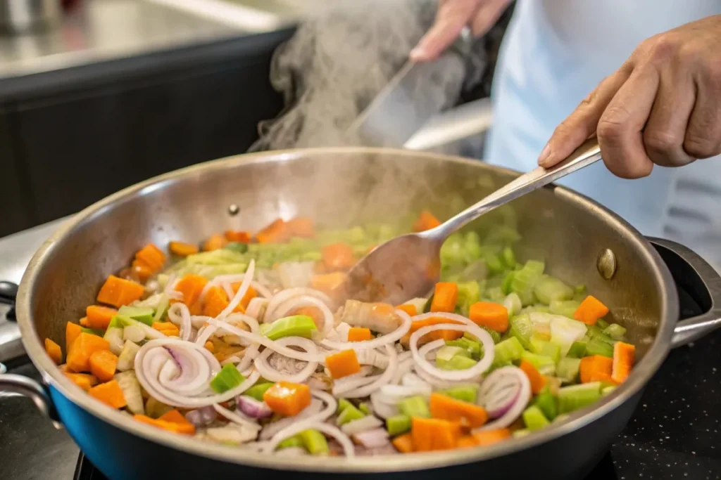 Chef sautéing onions, carrots, and celery for swamp soup in a pot.