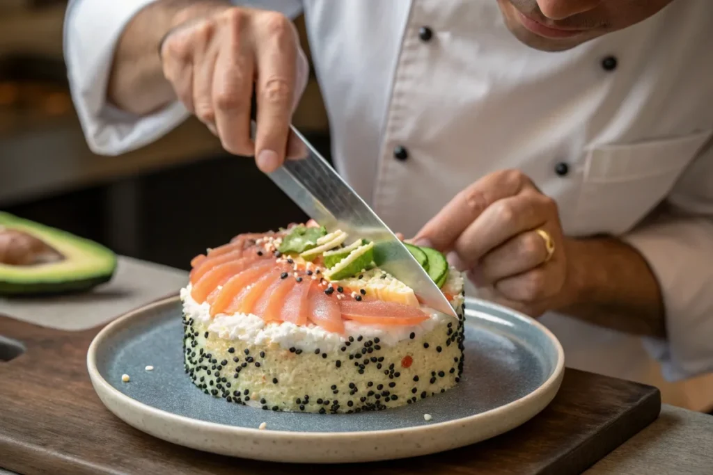 A chef slicing a sushi cake neatly, ensuring clean layers with a sharp knife, ready for serving.