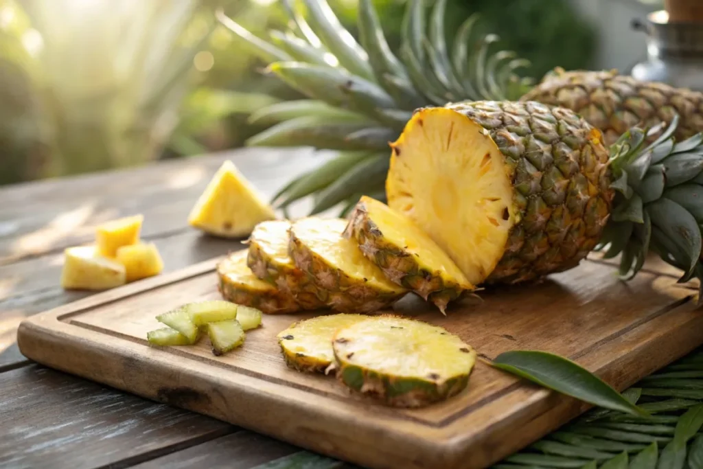 Freshly sliced pineapple on a wooden cutting board with tropical vibes.