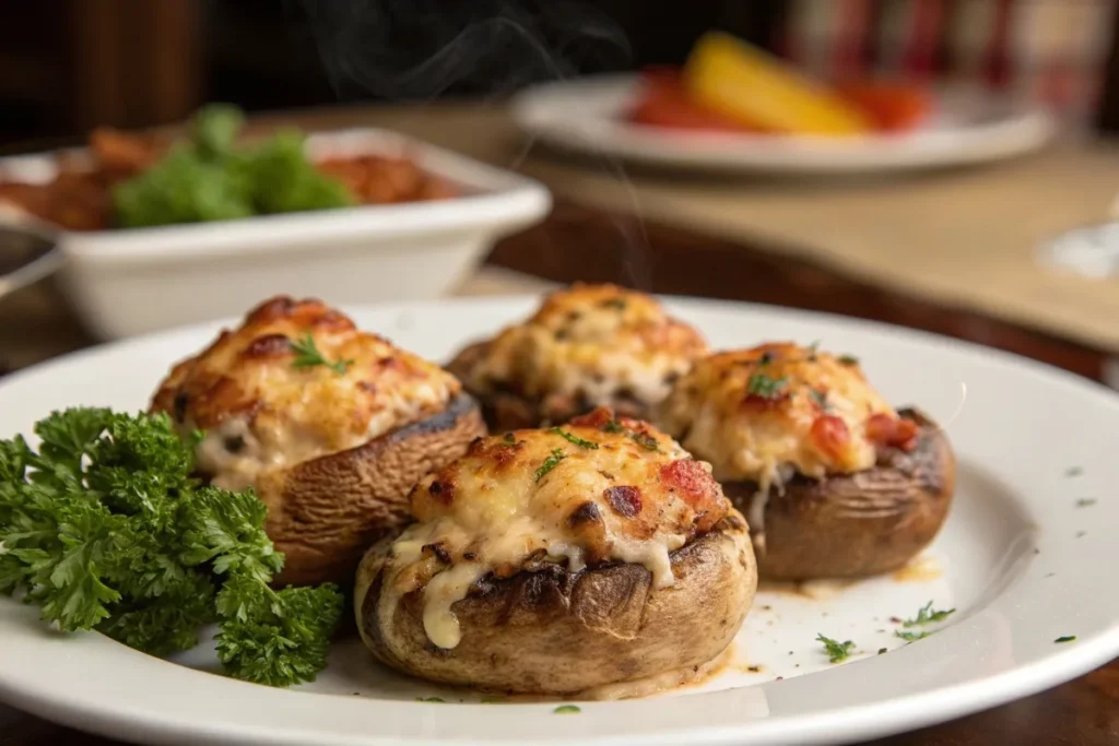 Freshly baked Red Lobster stuffed mushrooms with golden melted cheese on a white plate, garnished with parsley.