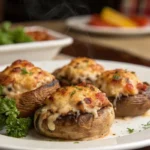 Freshly baked Red Lobster stuffed mushrooms with golden melted cheese on a white plate, garnished with parsley.