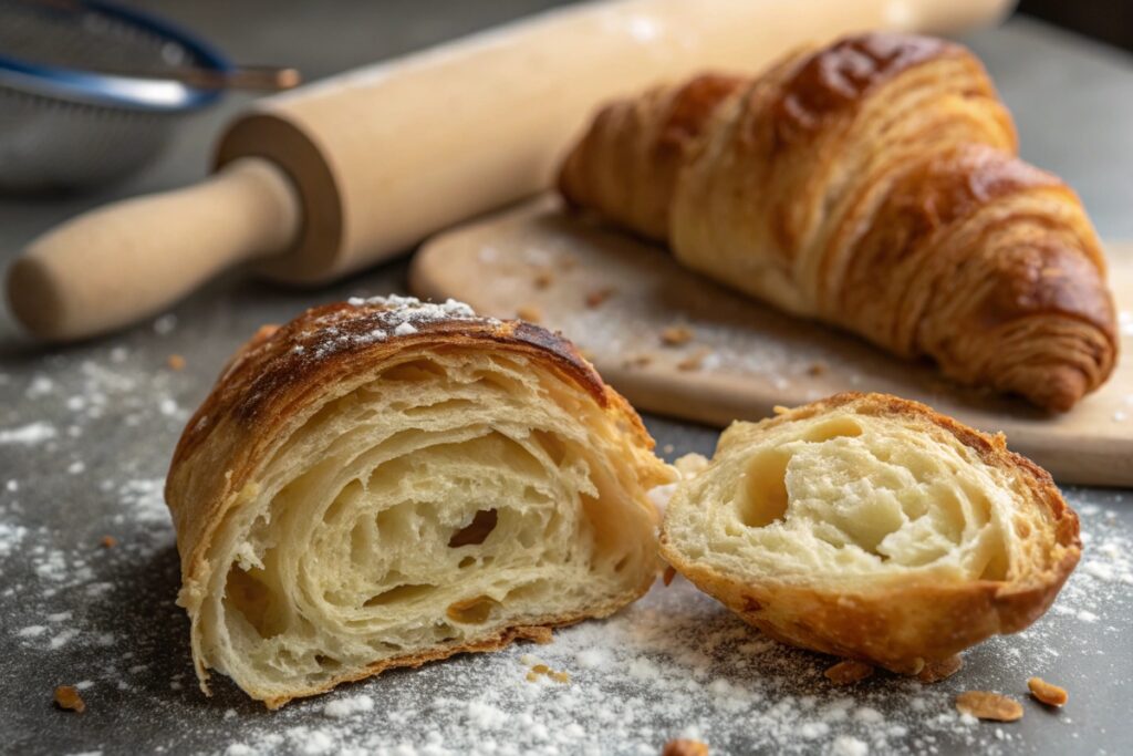 Close-up of torn croissant and gipfeli showing flaky layers and dense texture.