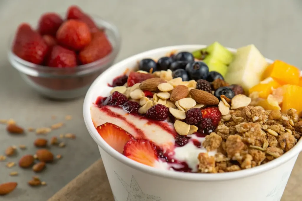 A yogurt bowl with distinct layers of fruits, granola, and nuts, illustrating its mixed texture.