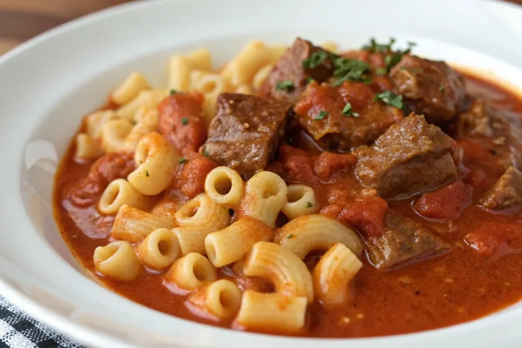 Close-up of creamy beefaroni and rich Hungarian goulash showcasing their distinct flavors.