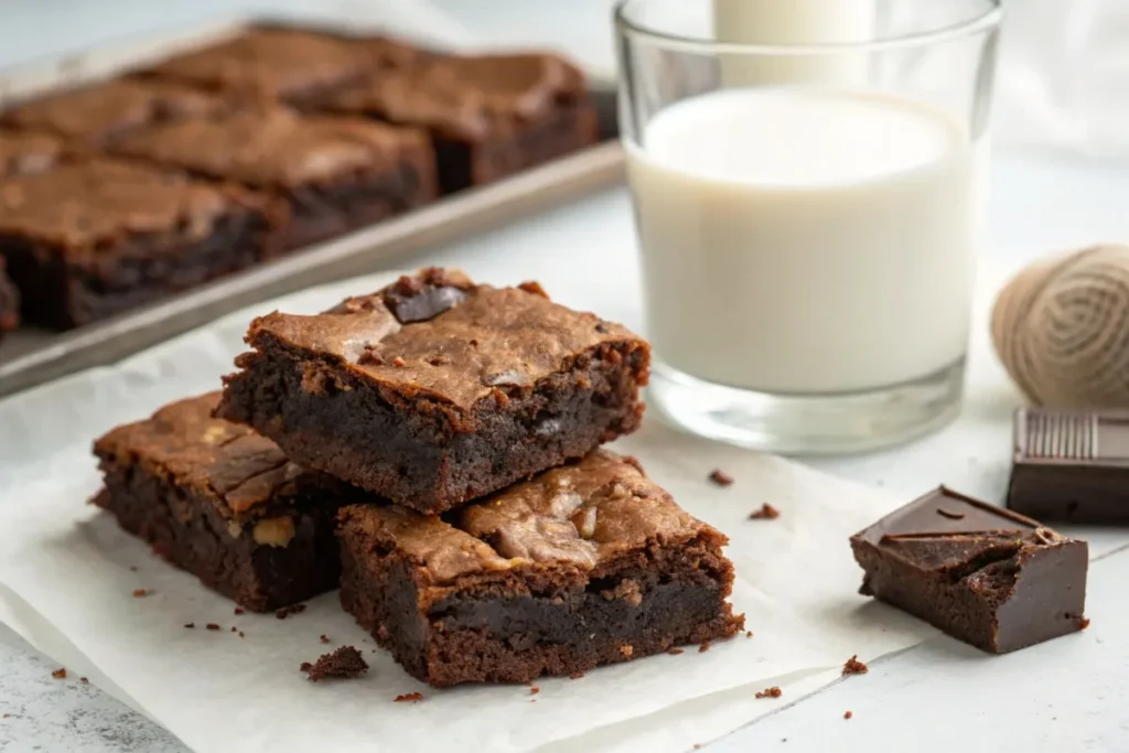 Chewy brownies cut into bars with a dense texture, served with a glass of milk on a white table.