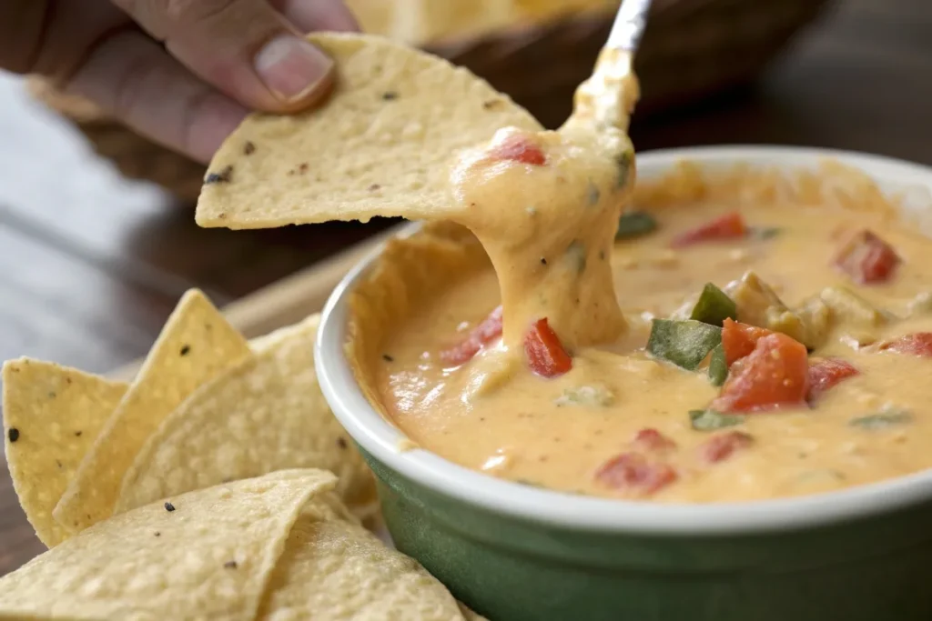 Close-up of Chipotle queso being scooped with a tortilla chip, showcasing its chunky texture.