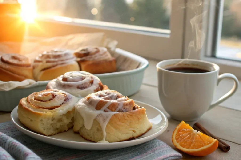 Cinnamon rolls paired with coffee and orange slices on a breakfast table.