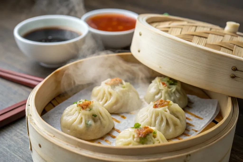 Steamed vegetarian soup dumplings in a bamboo steamer with dipping sauces.