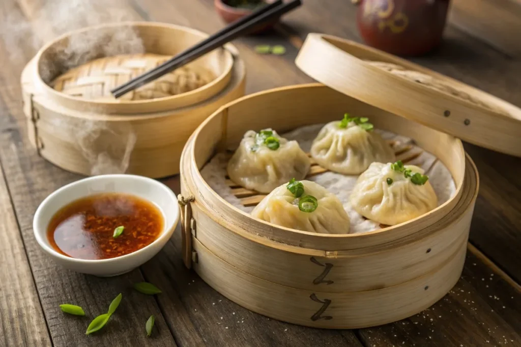 Steaming soup dumplings served in a bamboo steamer with dipping sauce.