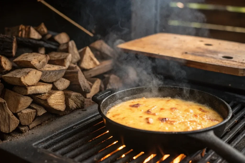 A smoker with smoldering wood chunks and a skillet of bubbling smoked queso.