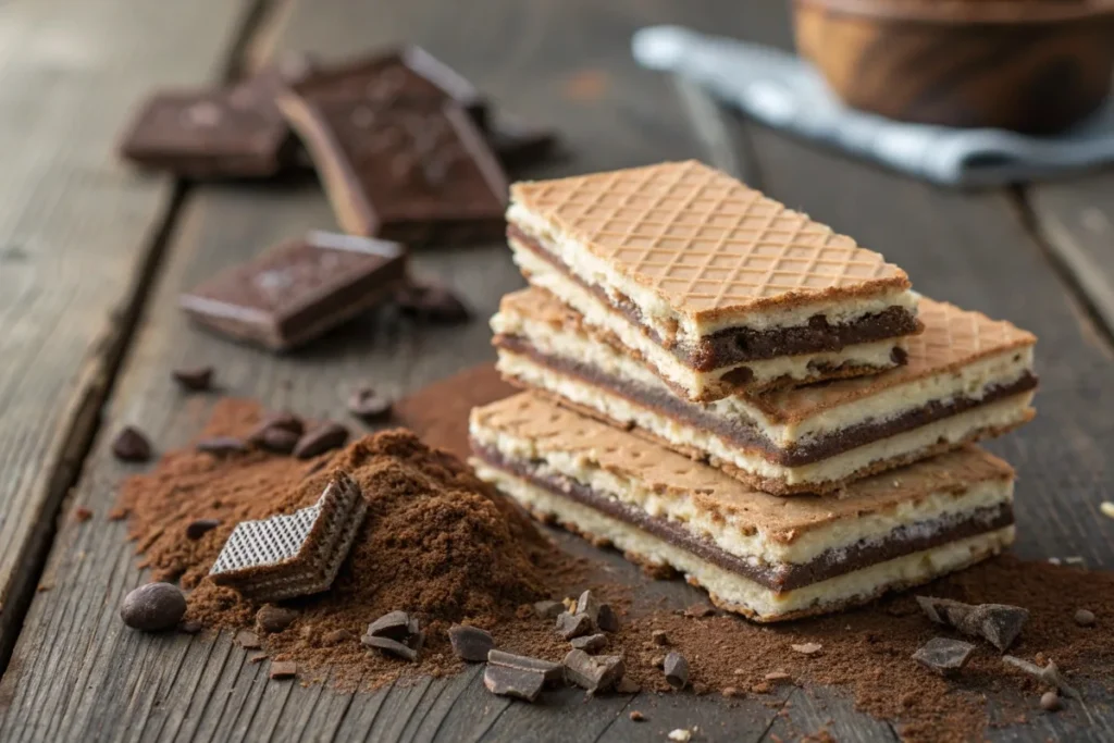 A stack of chocolate wafers with visible layers of crispy wafer and creamy chocolate filling.