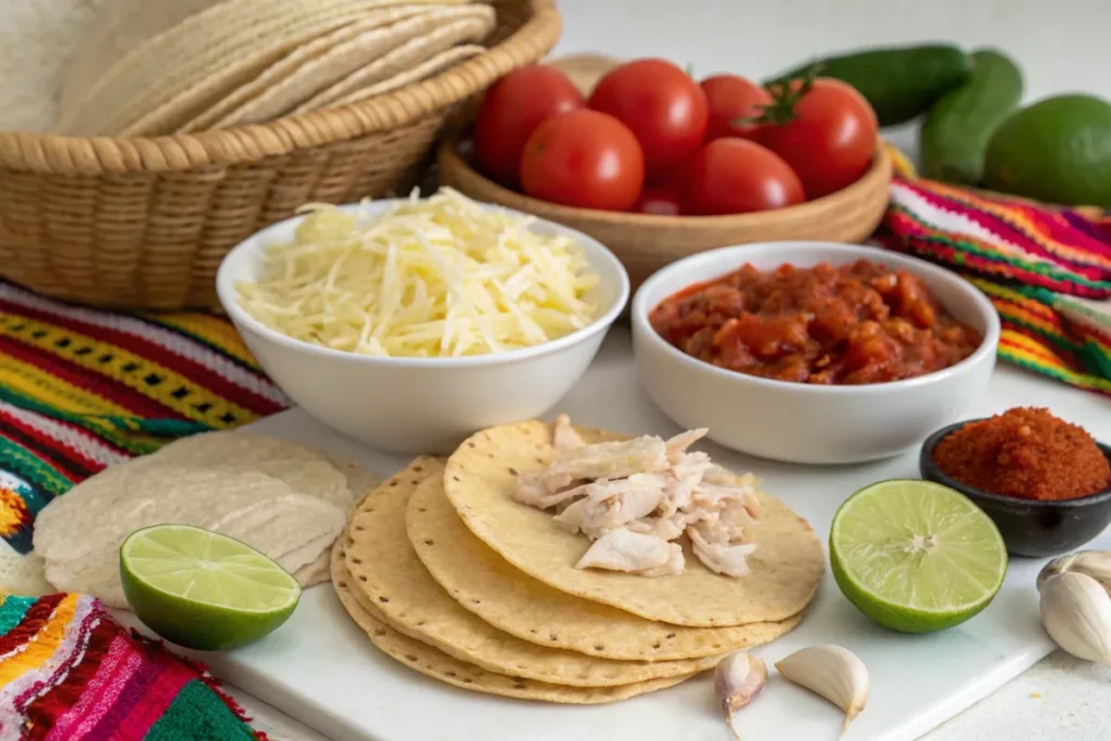 Fresh ingredients for the perfect Boulders Enchilada Recipe, including tortillas, cheese, chicken, tomatoes, chili powder, and limes.