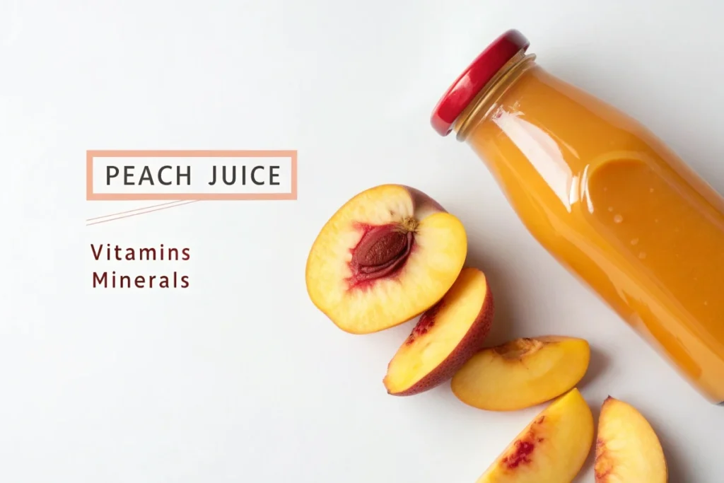 Nutritional value of peach juice with sliced peaches and a bottle of juice.