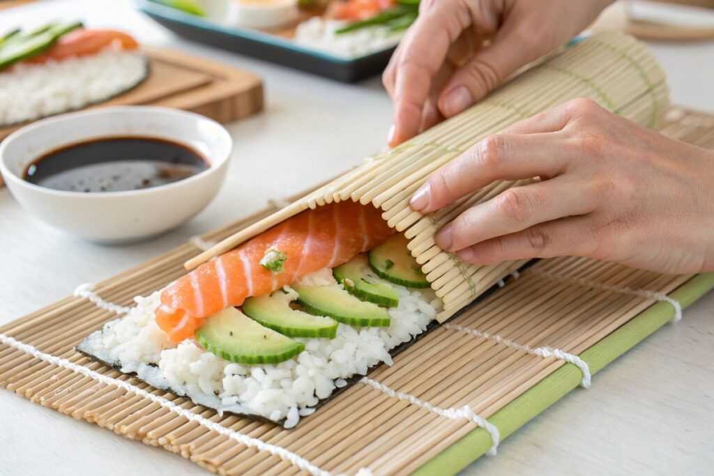 Hands rolling a sushi wrap with salmon, avocado, and cucumber using a bamboo mat on a wooden countertop.