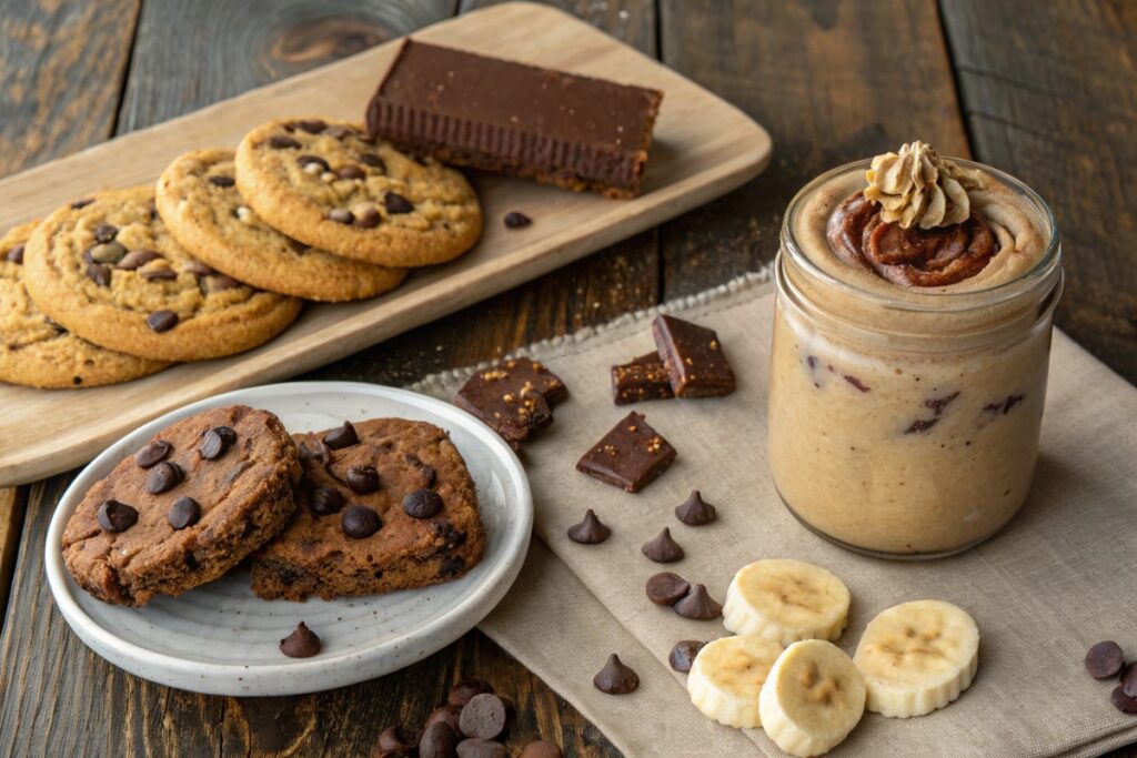 Peanut butter cookies, brownies, and a smoothie on a rustic table.