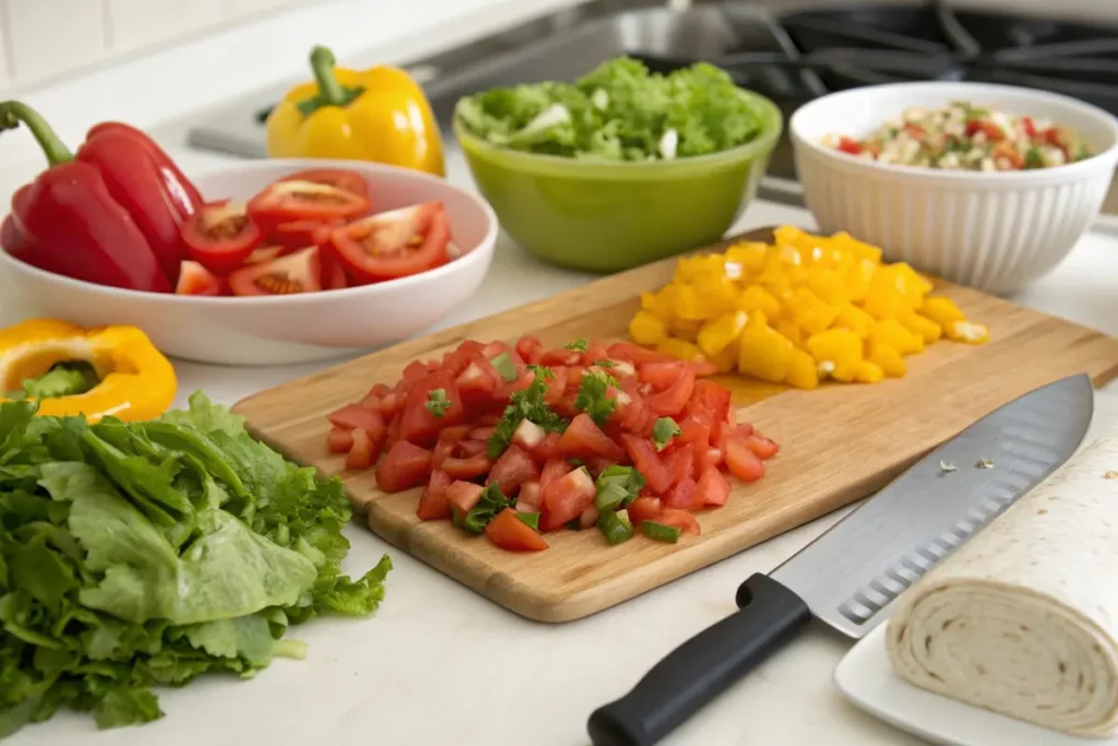 Fresh vegetables like lettuce, tomatoes, and bell peppers being prepared for a burrito.