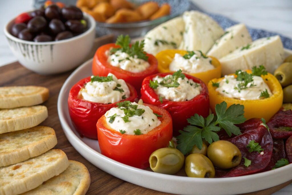 Stuffed peppadew peppers with goat cheese, garnished with parsley on a vibrant appetizer platter.