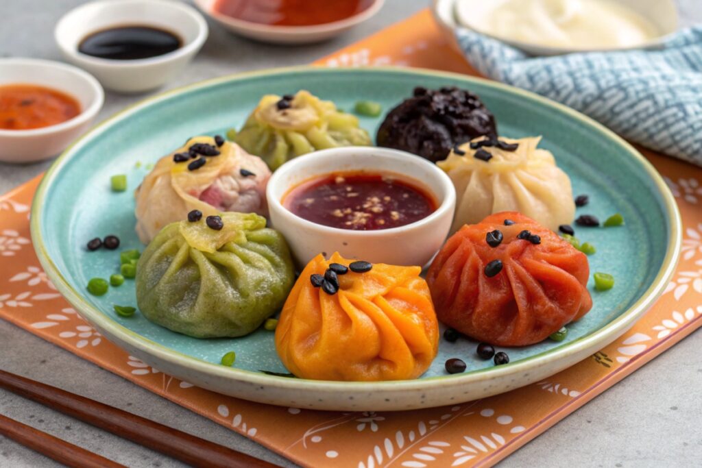 A plate of vegetarian soup dumplings with unique fillings like sweet potato, kimchi, and black beans.