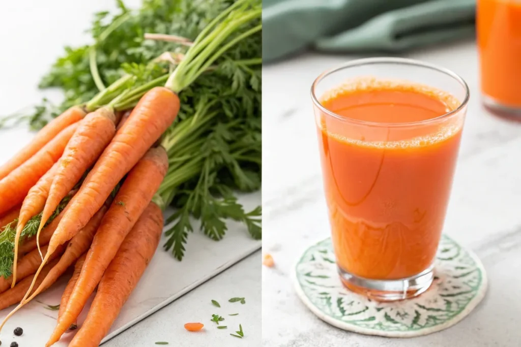 Split-screen of raw carrots and a glass of carrot juice, showcasing their nutritional vibrancy.