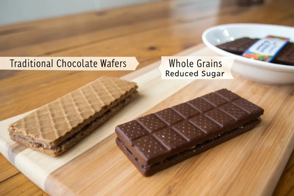 Comparison of traditional chocolate wafers and healthier alternatives made with whole grains and reduced sugar.