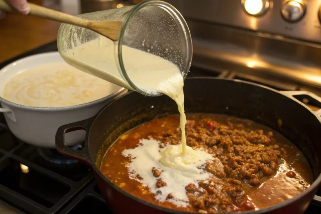 Cornstarch slurry being added to a pot of taco soup simmering on the stove for thickening.