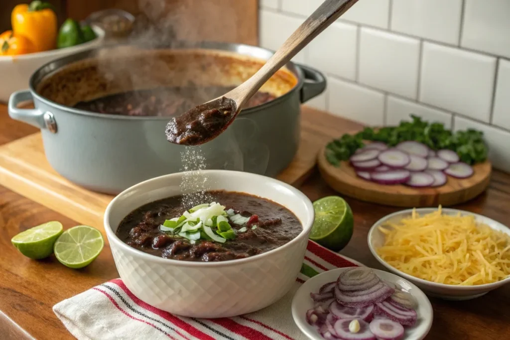 Black bean soup being served from a pot with various toppings on the side.